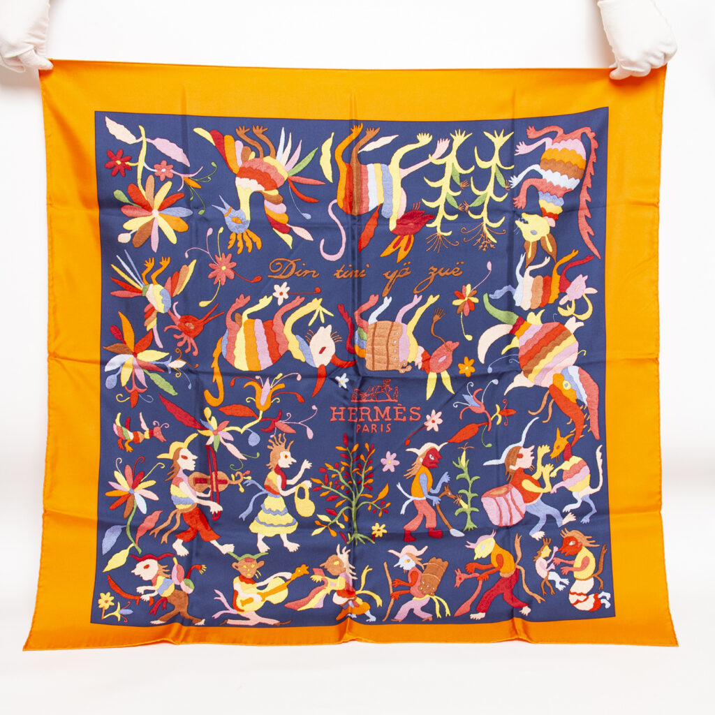 Hermès Carré 90 Seide Din Tini Ya Zue Orange Und Marineblau