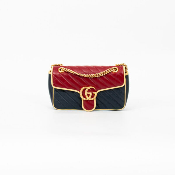 Gucci Marmont GG Single Flap Tasche Leder Rot und Navy Blau