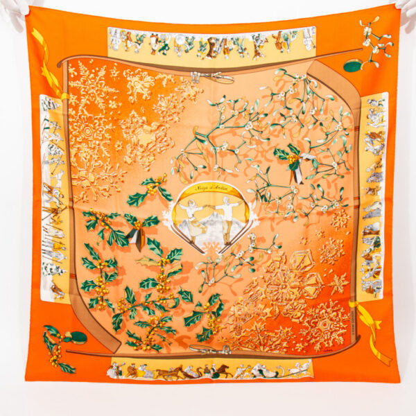 Hermès silk scarf Carré 90 Neige D'Antan Orange