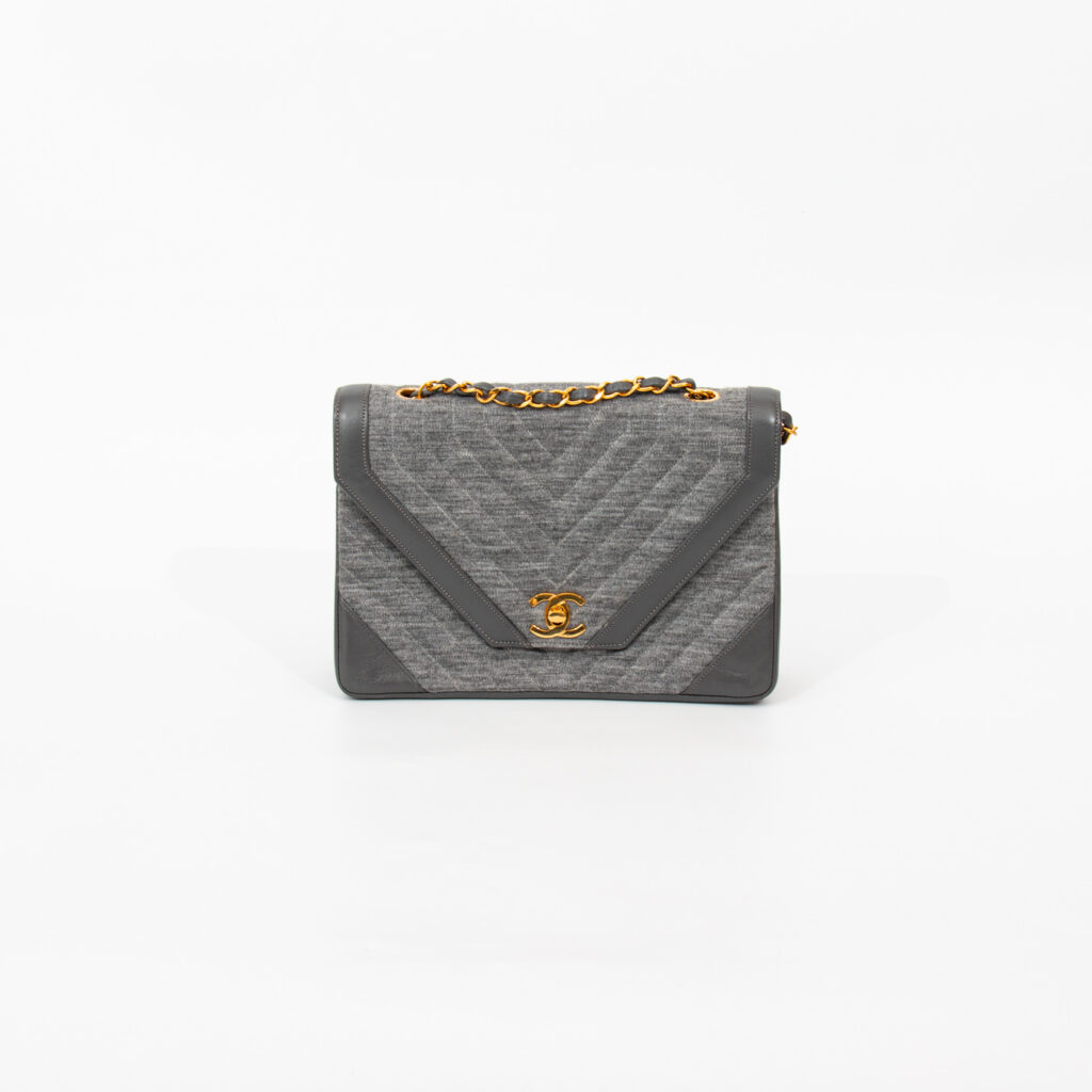 Chanel Tasche Single Flap Chevron Baumwolle Grau Mit Goldener Hardware