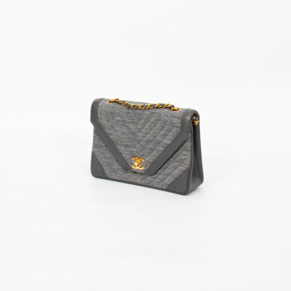 Chanel Tasche Single Flap Chevron Baumwolle Grau Mit Goldener Hardware
