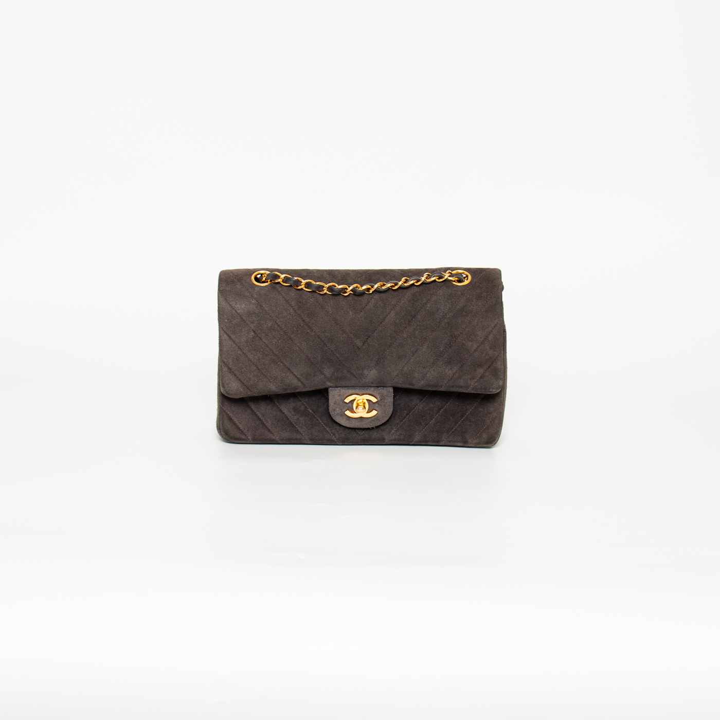 Chanel Timeless Double Flap Medium Tasche Chevron Wildleder Grau