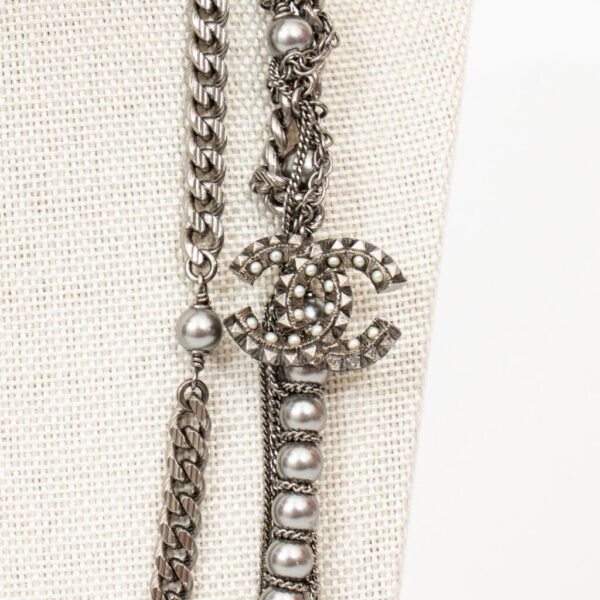 Chanel Gunmetal Metall Kette Silber Mehrreihig mit CC Logo