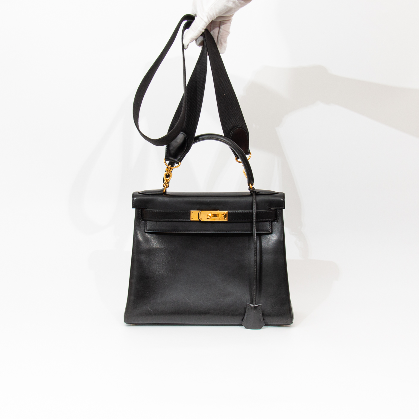Hermès Handtasche Kelly 28 Boxcalf Leder Schwarz Mit Goldener Hardware 1993