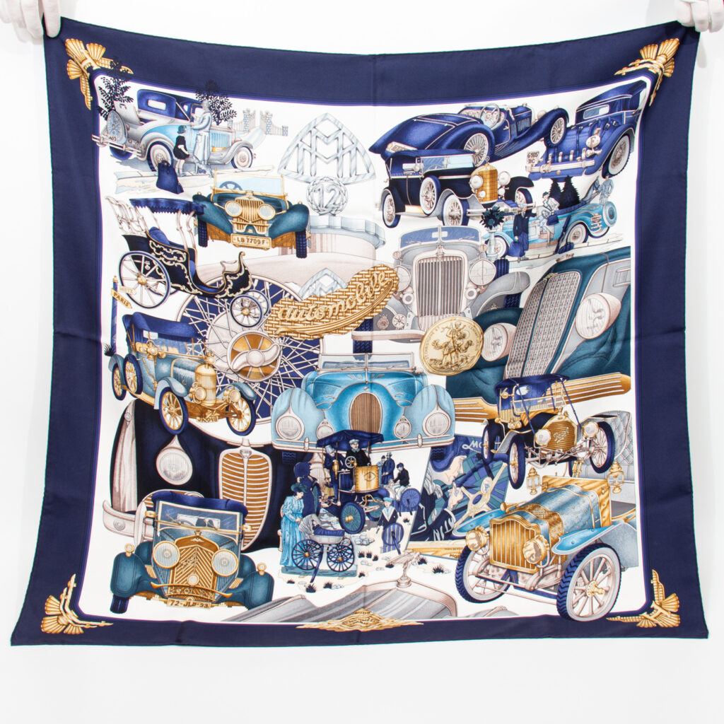Hermès Carré Tuch Seide 90 Automobiles Blau
