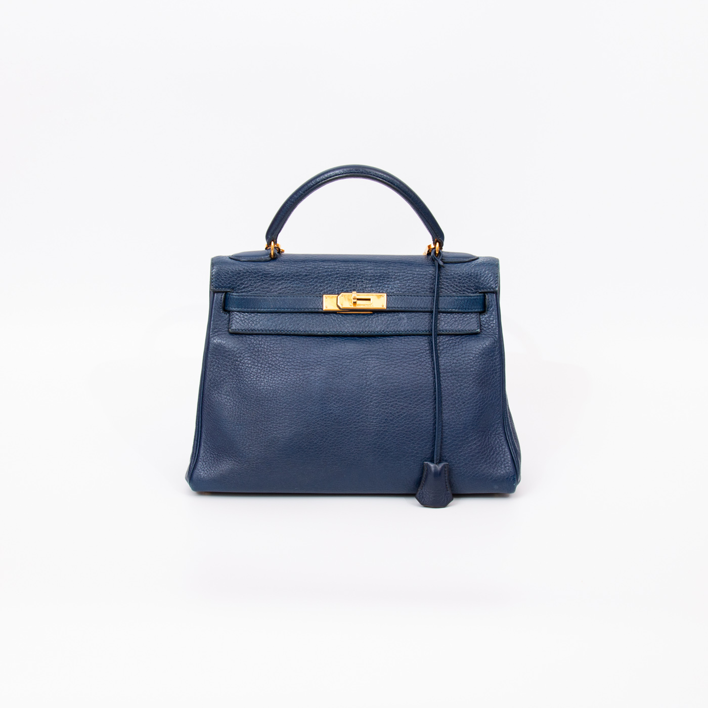 Bolso Hermès Kelly 32 Clemence de piel azul marino con herrajes dorados