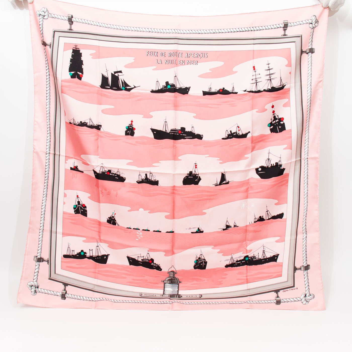 Hermès Silk Square Carré 90 Feux De Route Apercus La Nuit En Mer Rose