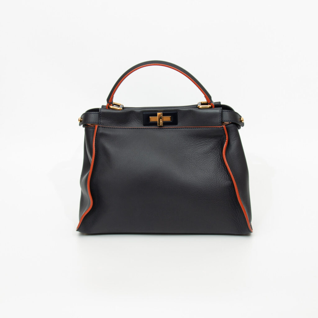 Fendi Peekaboo Leder Tasche Dunkelblau mit Orangenen Nähten