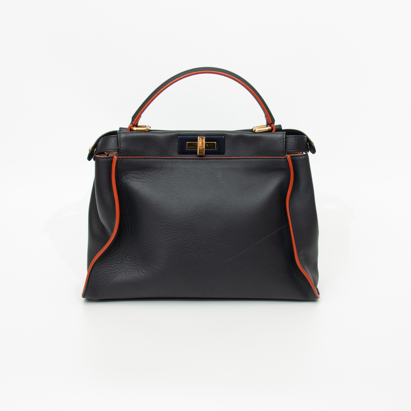 Sac Fendi Peekaboo en cuir, bleu foncé avec surpiqûres orange – Image 4