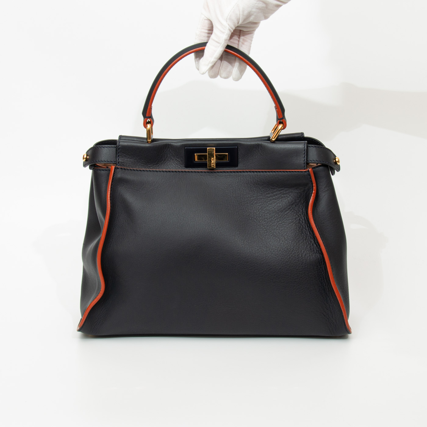 Sac Fendi Peekaboo en cuir, bleu foncé avec surpiqûres orange – Image 6