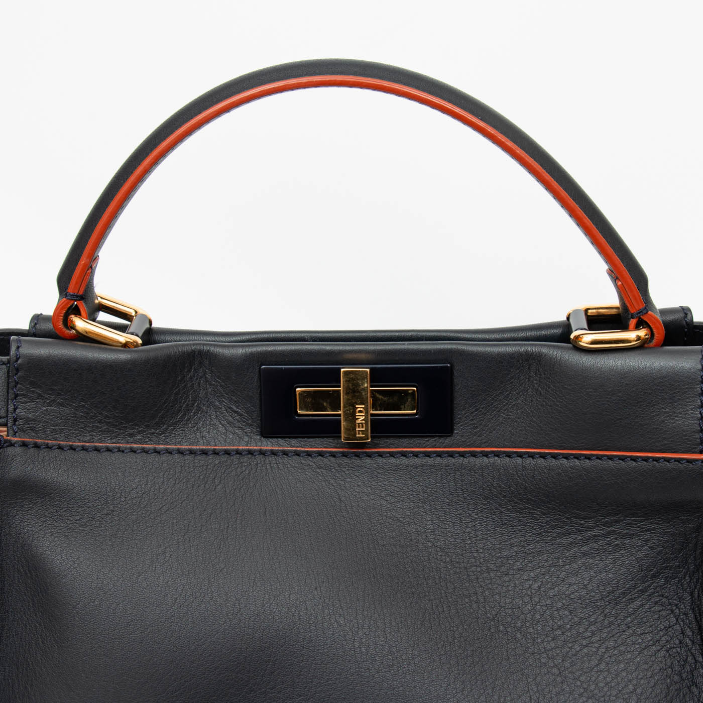 Sac Fendi Peekaboo en cuir, bleu foncé avec surpiqûres orange – Image 7