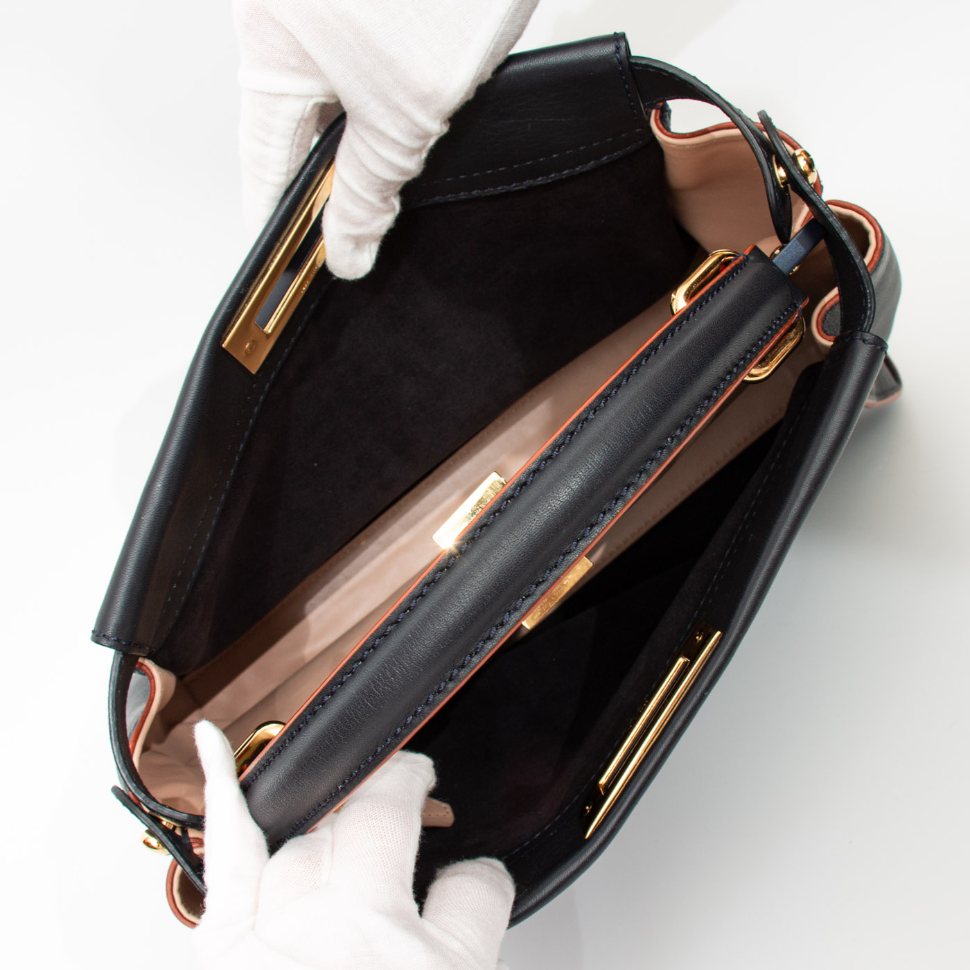 Sac Fendi Peekaboo en cuir, bleu foncé avec surpiqûres orange – Image 9