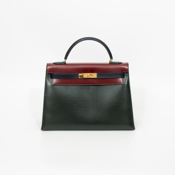 Hermès Kelly 32 Tricolor Box handbag, calf leather, red with gold hardware, 1982