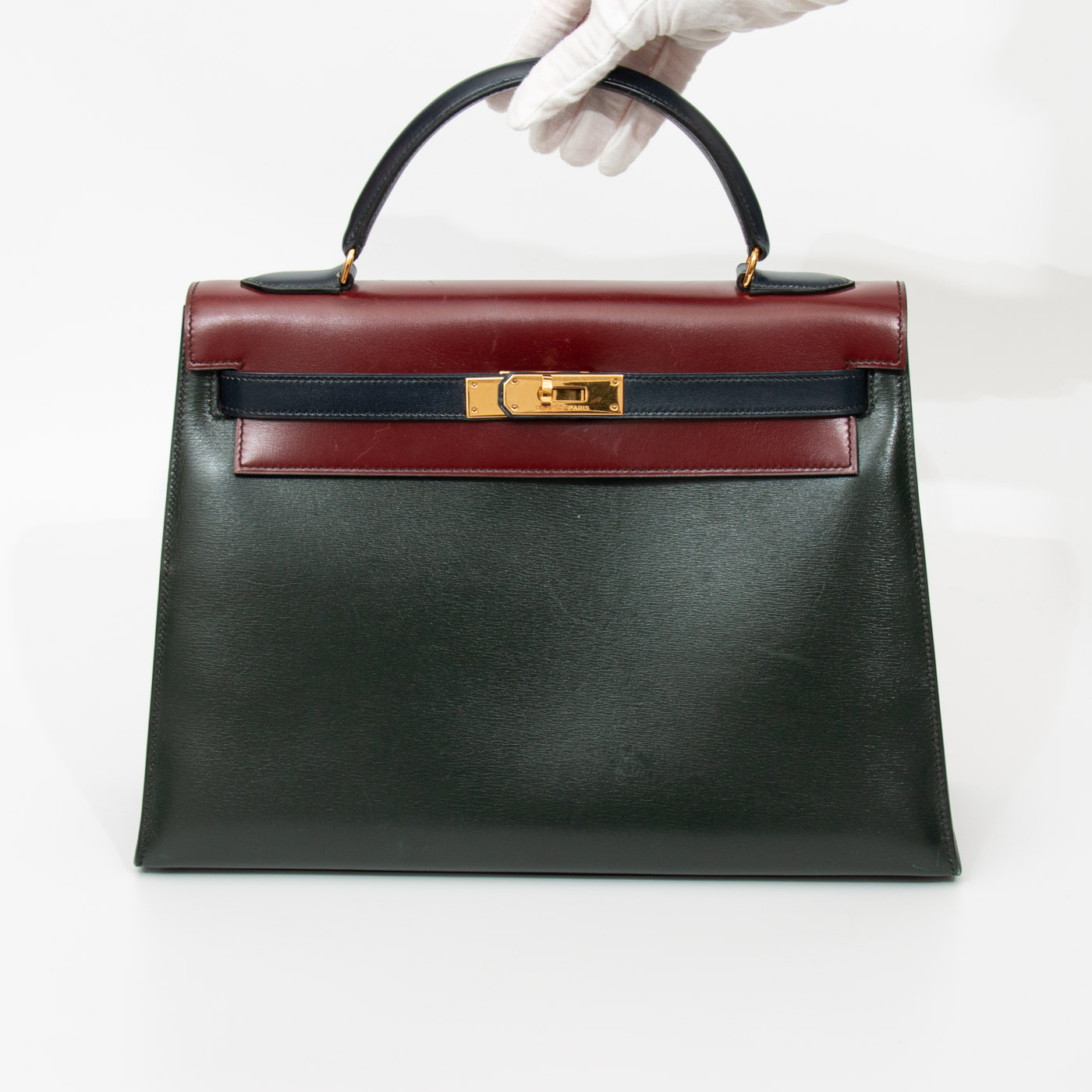 Hermès Kelly 32 Tricolor Box handbag in red calf leather with gold hardware, 1982 – Image 6