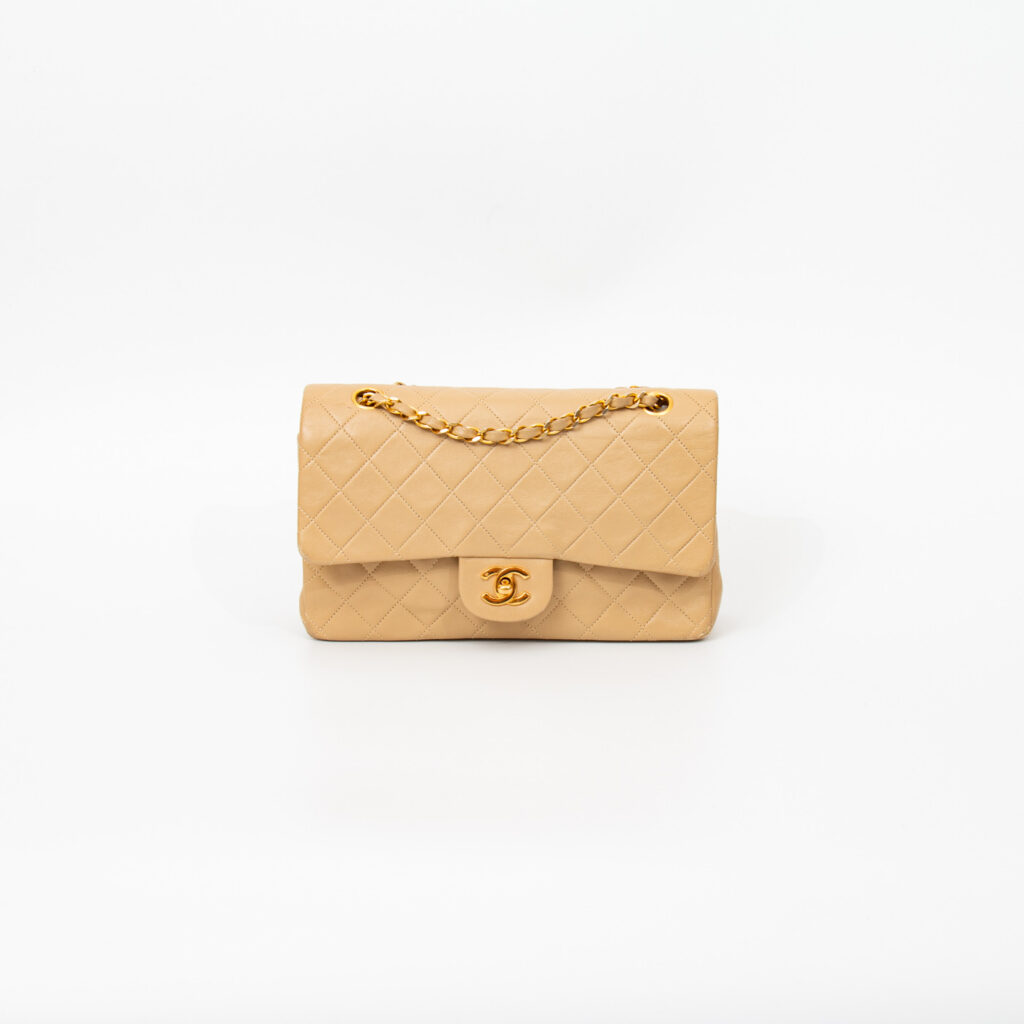 Sac Chanel Timeless Double Rabat en cuir d'agneau beige 1989-1991 1442702