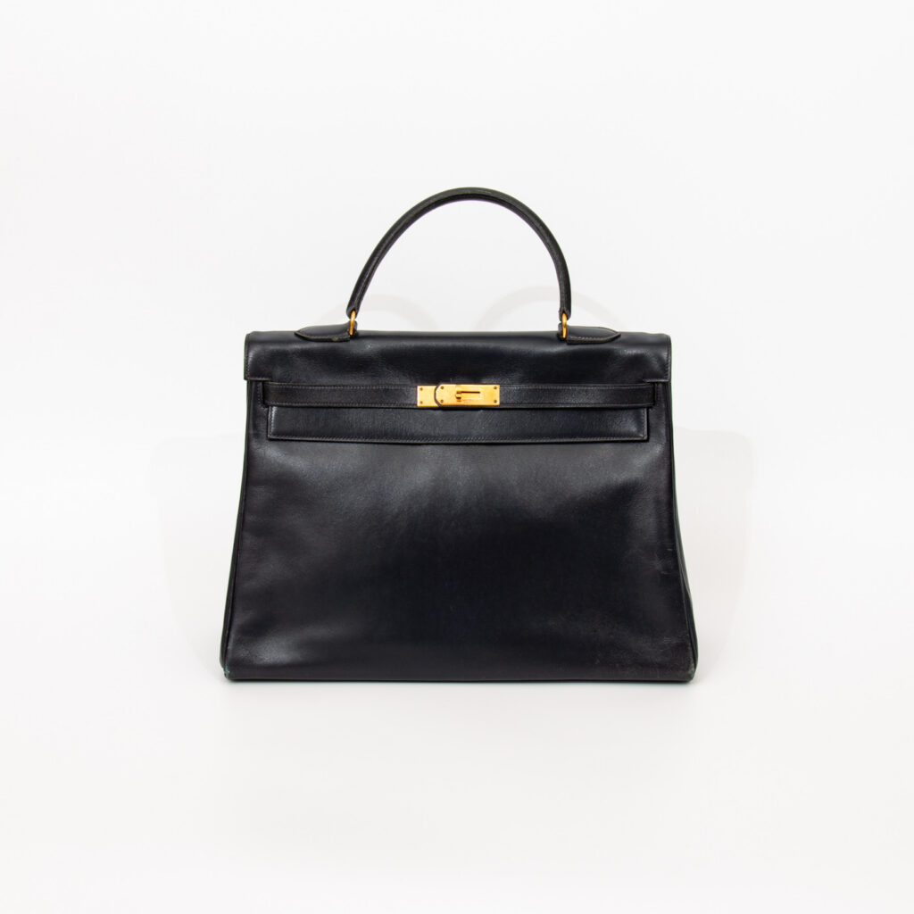 Hermès Tasche Kelly 35 Retourne Box Calf Leder Blau Mit Goldener Hardware 1974