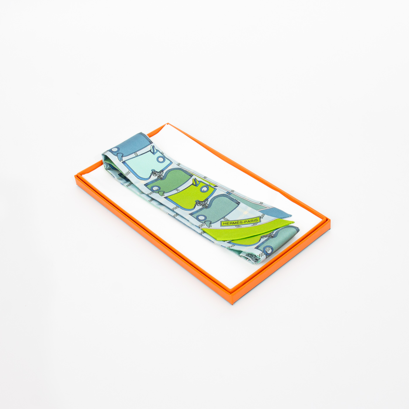 Hermès Twilly Seidentuch Taschen Motiv Blau Grün 86 cm