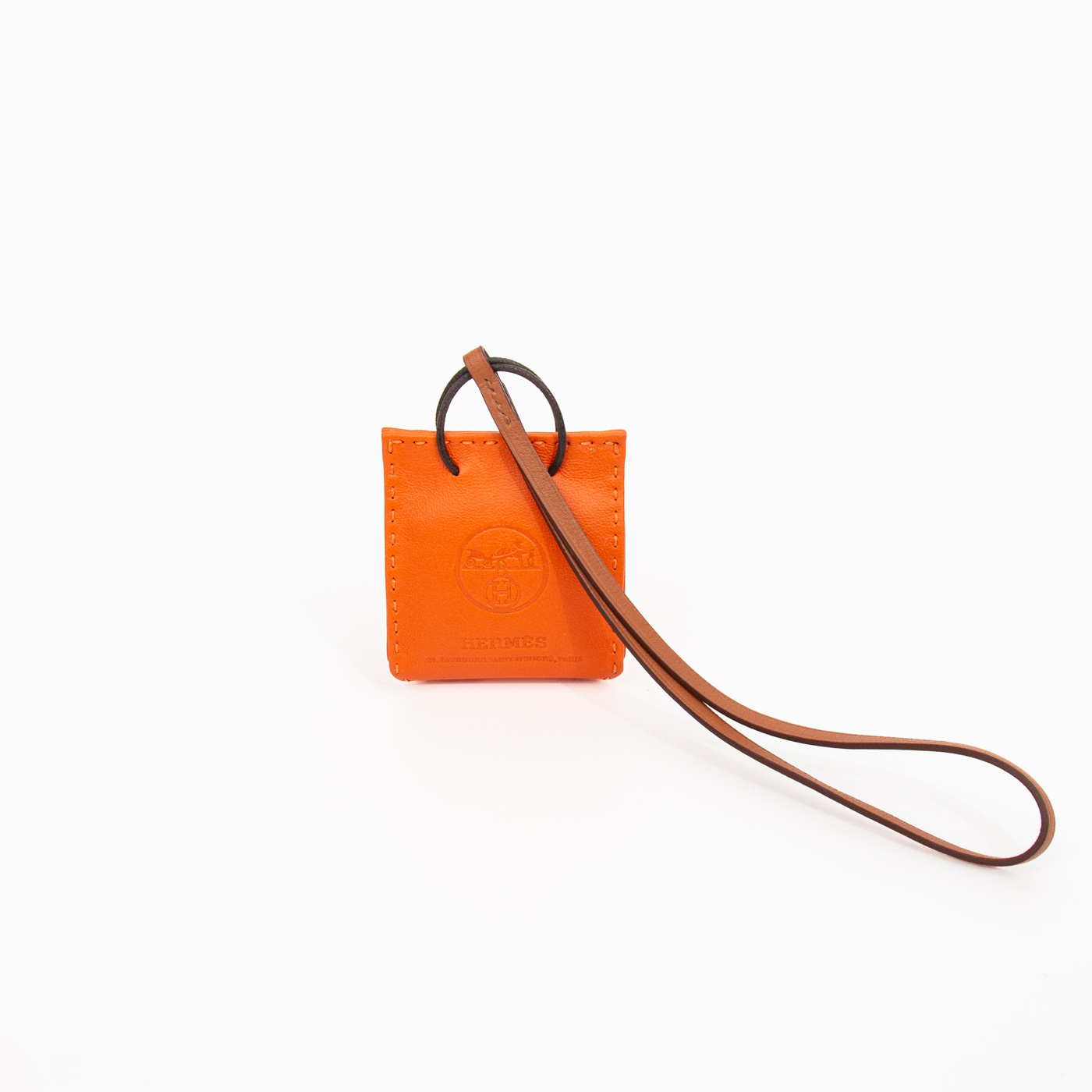 Porte-clés sac shopping Hermès en cuir orange – Image 3