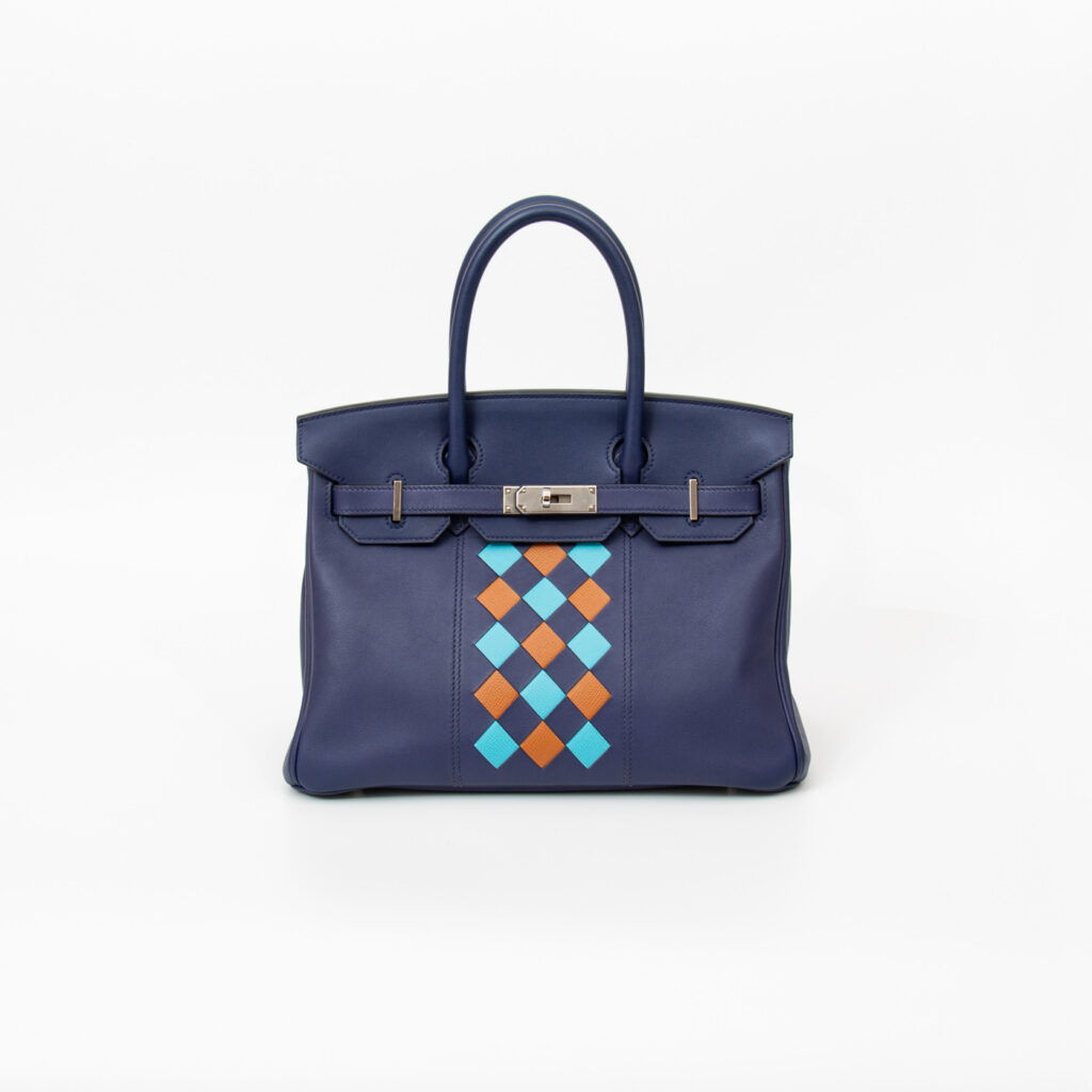 Hermès Handtasche Birkin 30 Tressage Veau Swift Blau mit Silberner Hardware 2019