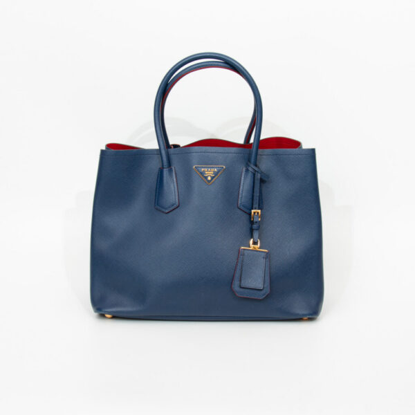 Sac cabas double Prada en cuir Saffiano bleu marine et rouge