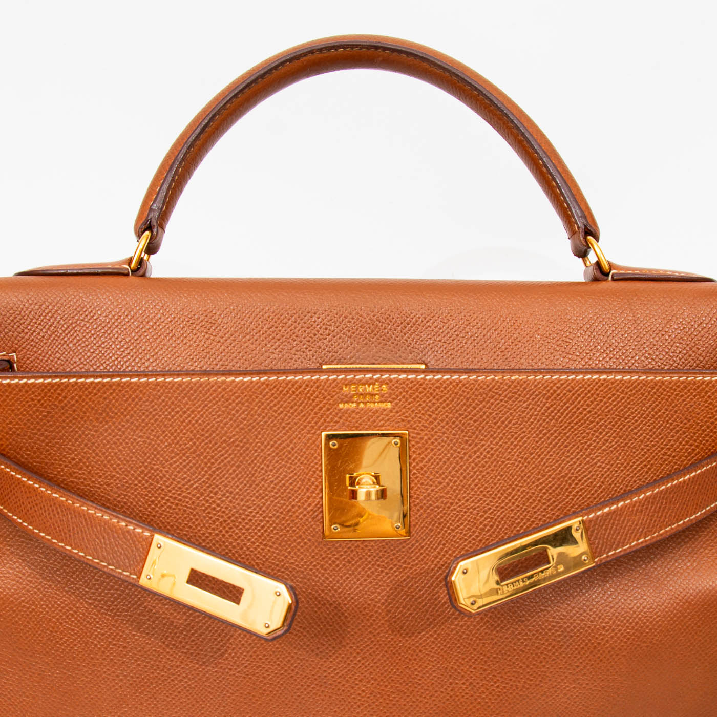 Sac à main Hermès Kelly 32 Retourne, cuir, or avec finitions dorées, 1993 – Image 10