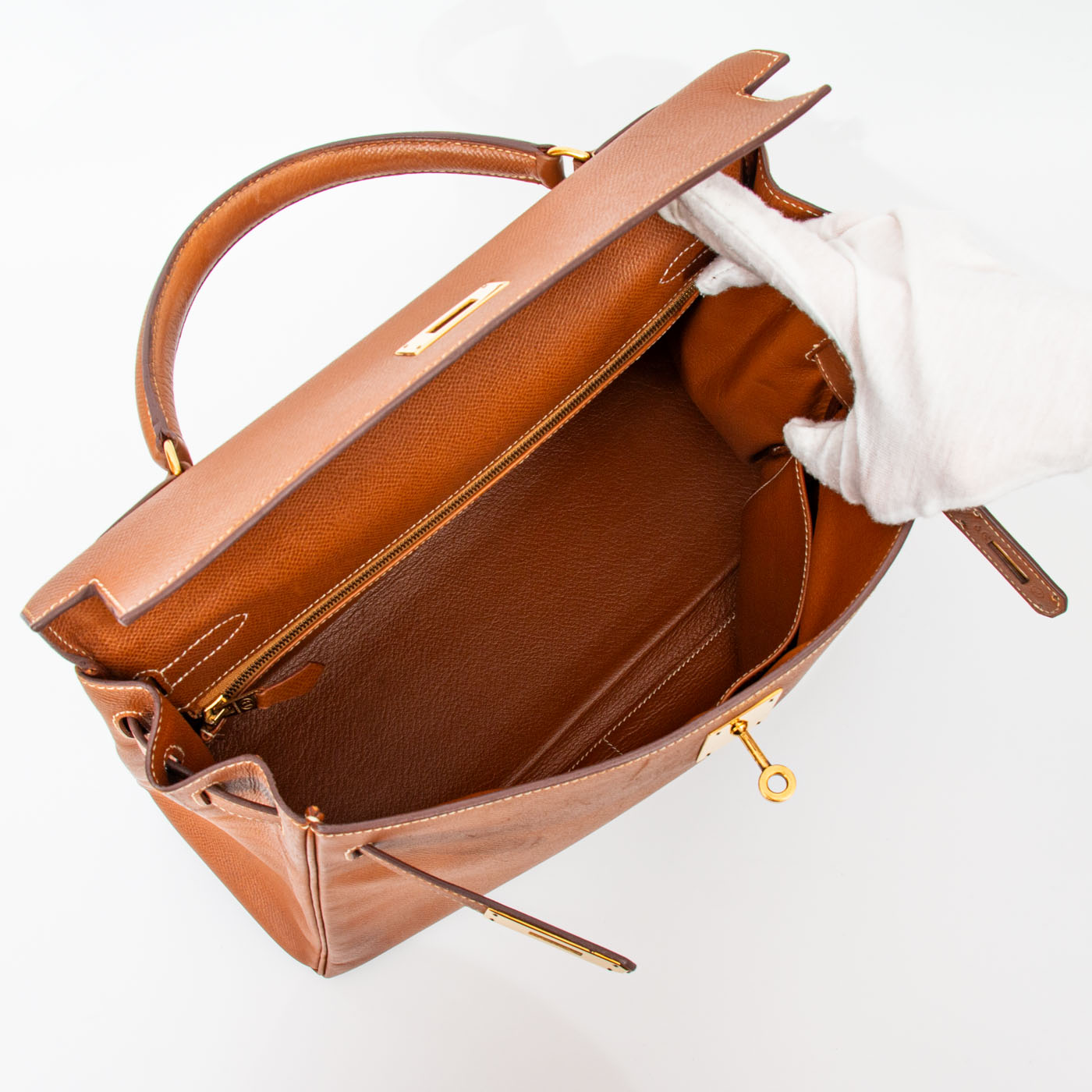 Sac à main Hermès Kelly 32 Retourne, cuir, or avec finitions dorées, 1993 – Image 11