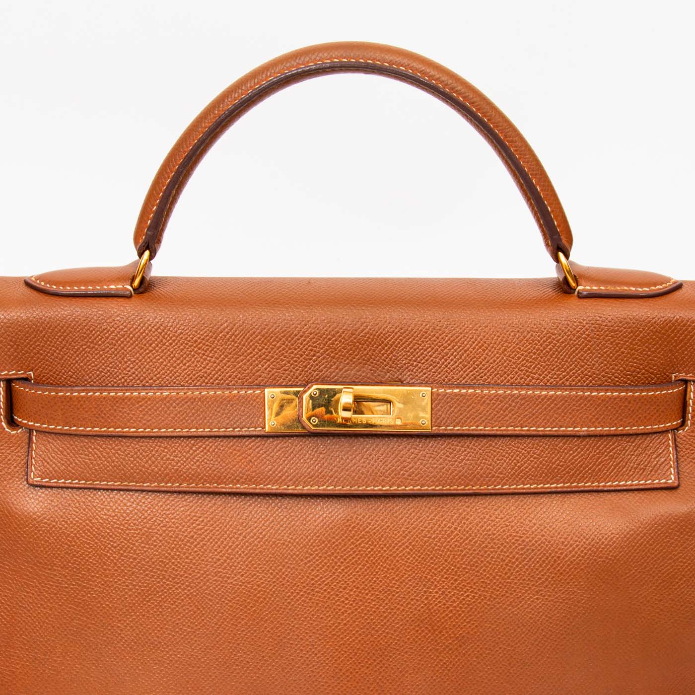 Sac à main Hermès Kelly 32 Retourne, cuir, doré avec finitions dorées, 1993 – Image 7