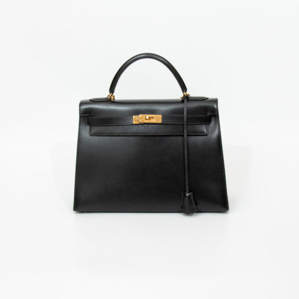 Sac à main Hermès Kelly 32 Box, cuir de veau noir avec finitions dorées, 1992