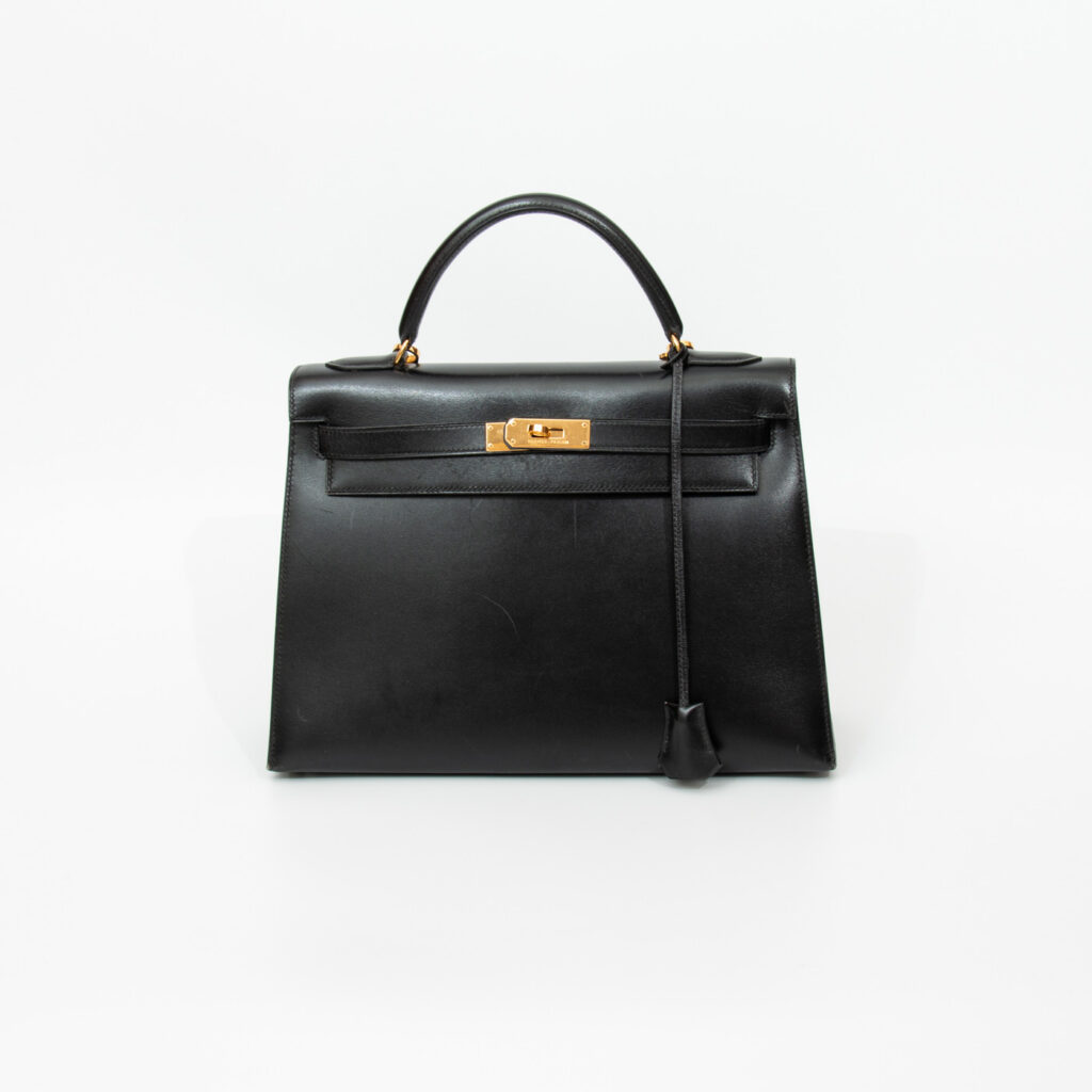Hermès Handtasche Kelly 32 Box Calf Leder Schwarz Mit Goldener Hardware 1992