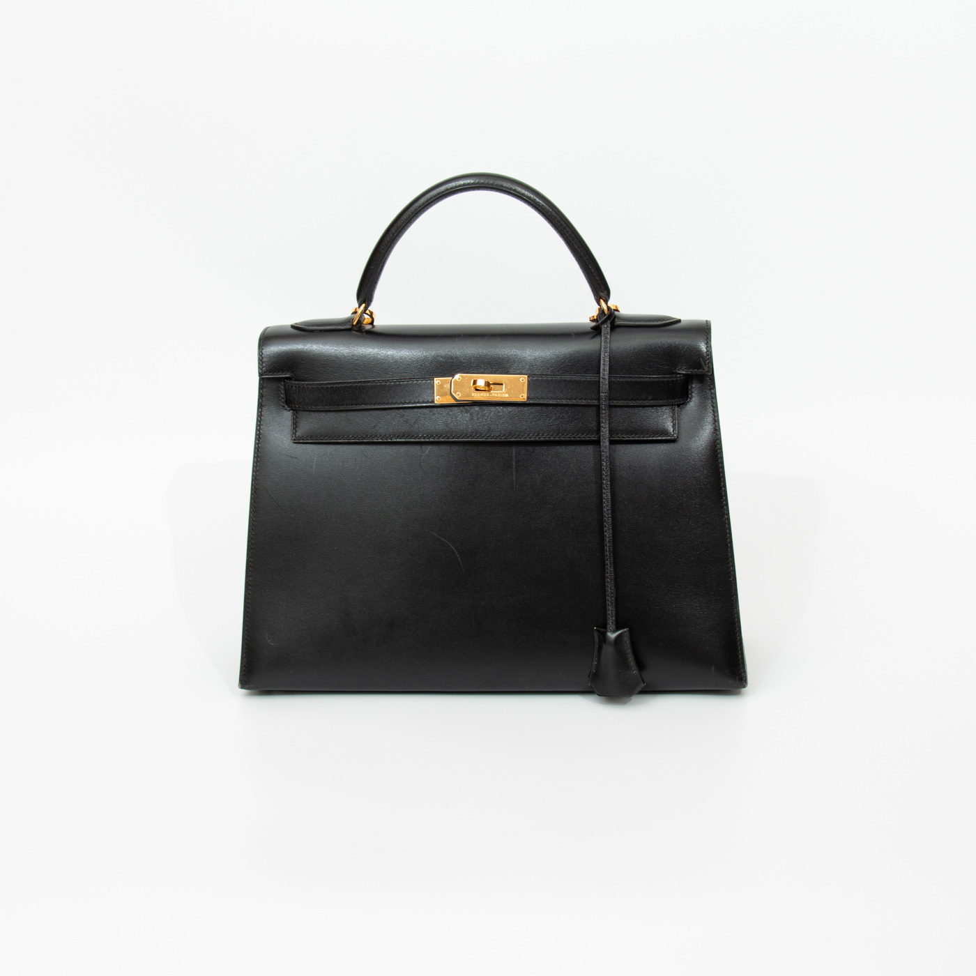 Hermès Handtasche Kelly 32 Box Calf Leder Schwarz Mit Goldener Hardware 1992