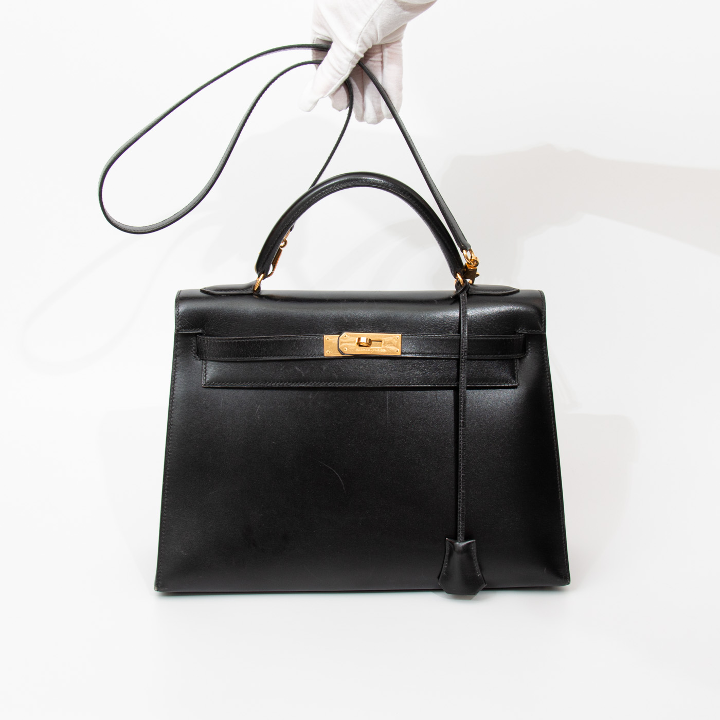 Hermès Handtasche Kelly 32 Box Calf Leder Schwarz Mit Goldener Hardware 1992 – Bild 6