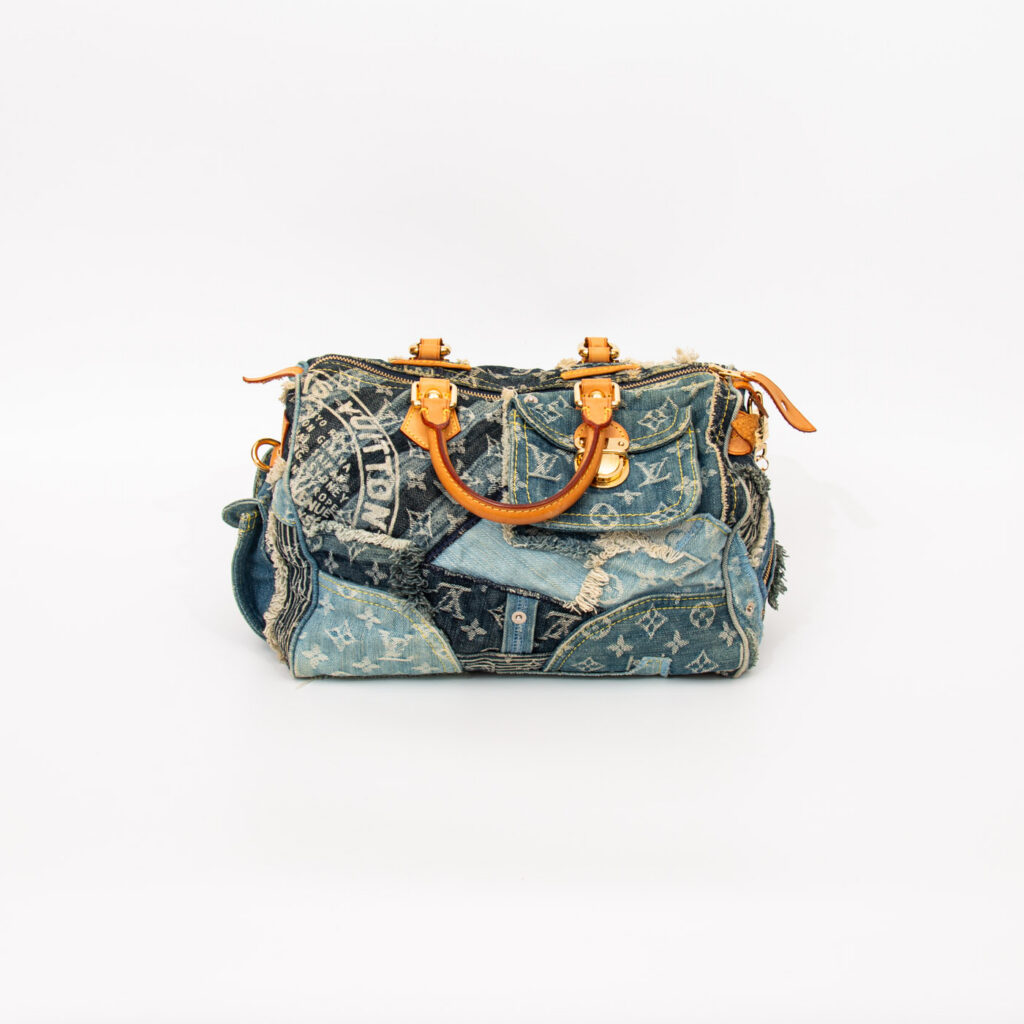 Sac à main Louis Vuitton Speedy 30 en patchwork de denim monogrammé, bleu avec finitions dorées, 2007 TH1047