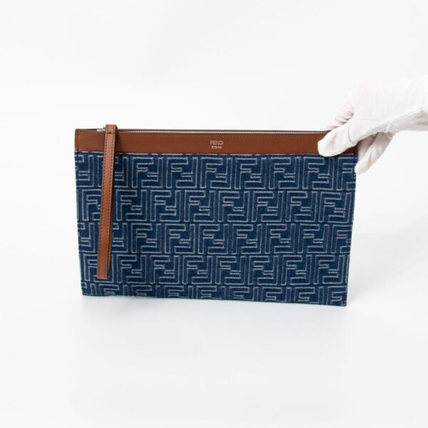 Fendi FF Logo Clutch Pochette Denim Blau Braun mit Handgelenksriemen