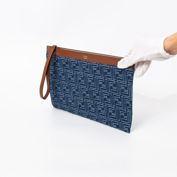 Fendi FF Logo Clutch Pochette Denim Blau Braun mit Handgelenksriemen