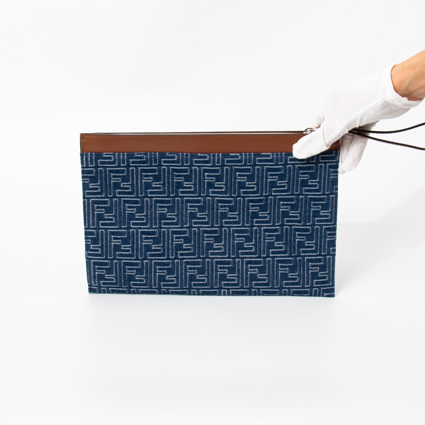 Fendi FF Logo Clutch Pochette Denim Blau Braun mit Handgelenksriemen – Bild 4