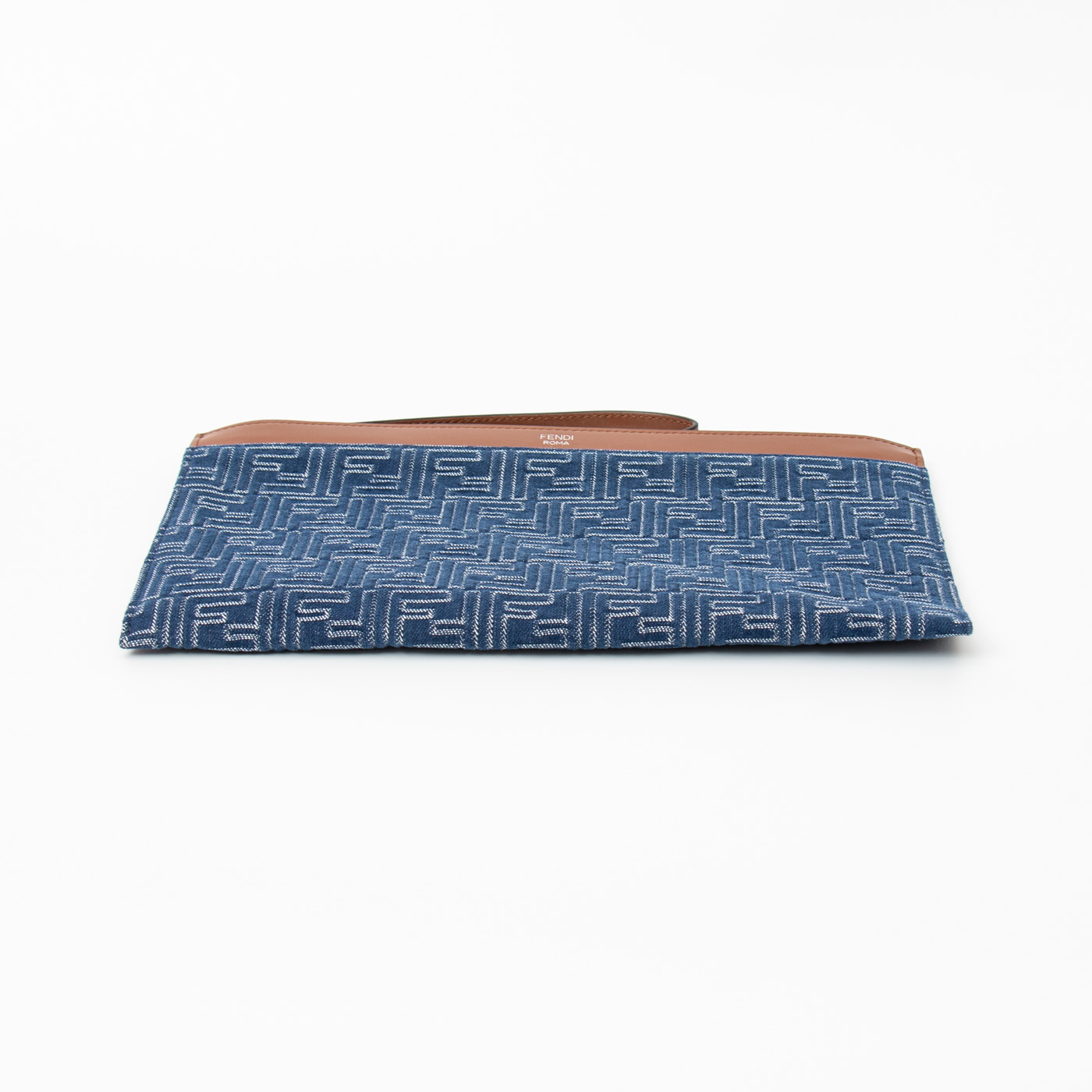 Fendi FF Logo Clutch Pochette Denim Blau Braun mit Handgelenksriemen – Bild 5