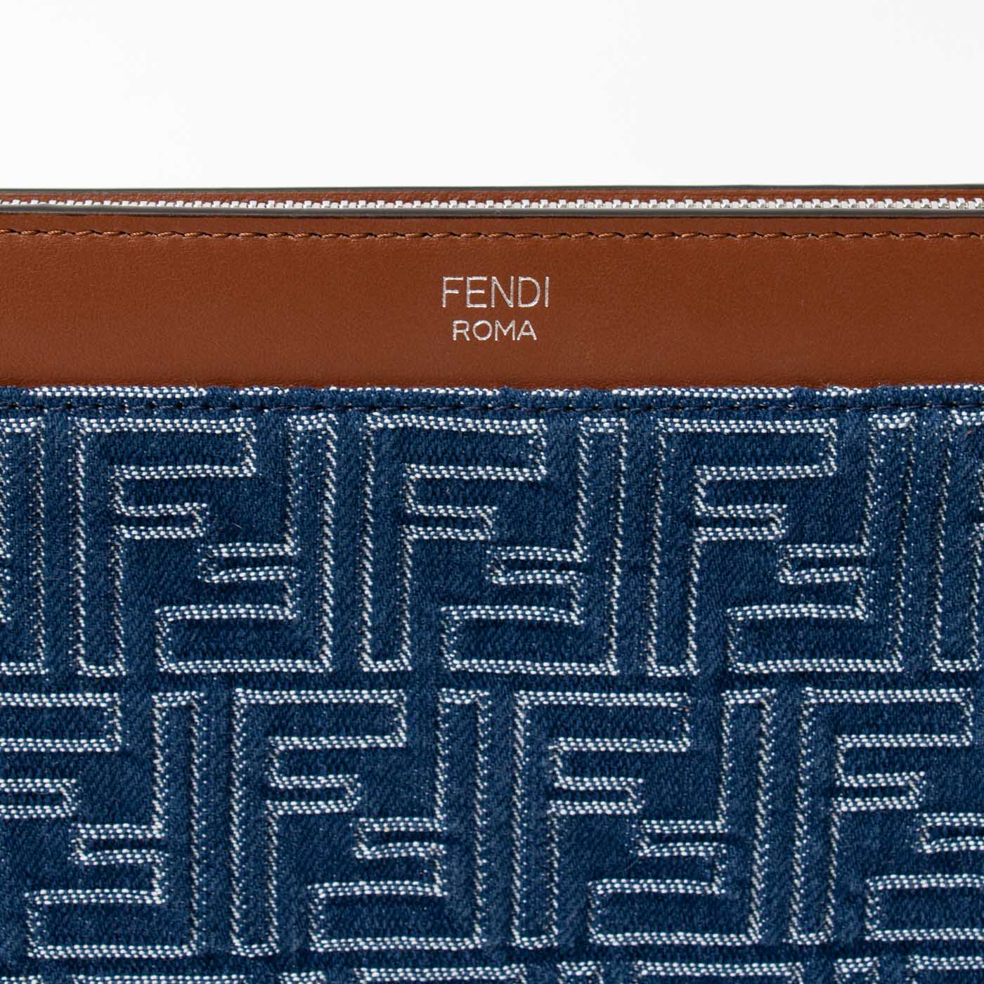 Fendi FF Logo Clutch Pochette Denim Blau Braun mit Handgelenksriemen – Bild 6