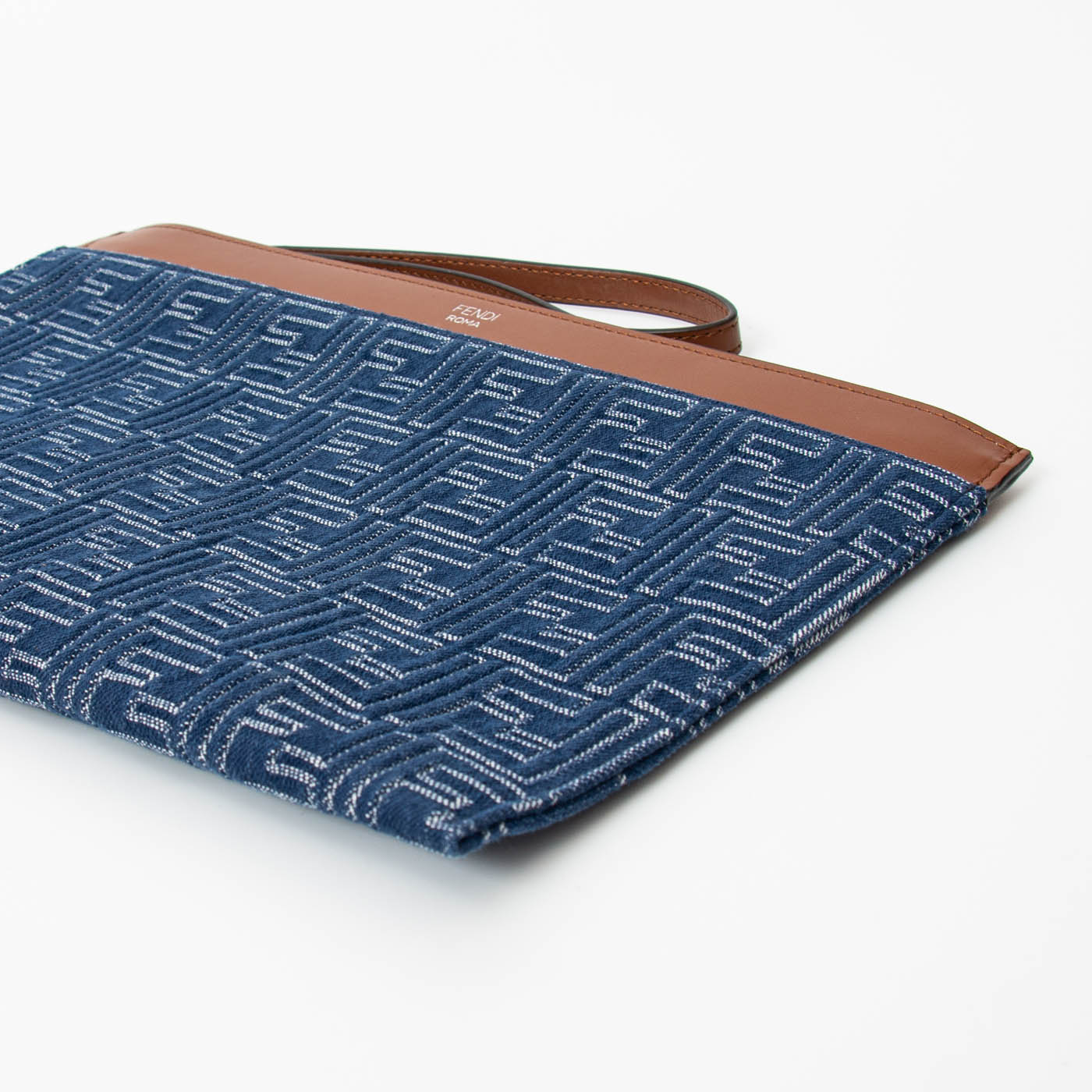 Fendi FF Logo Clutch Pochette Denim Blau Braun mit Handgelenksriemen – Bild 7