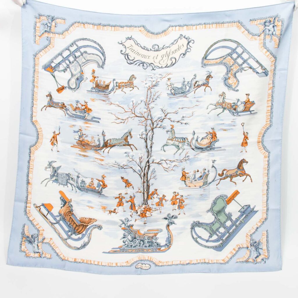 Hermès Tuch Seide Carré 90 Traineaux Et Glissades Blau