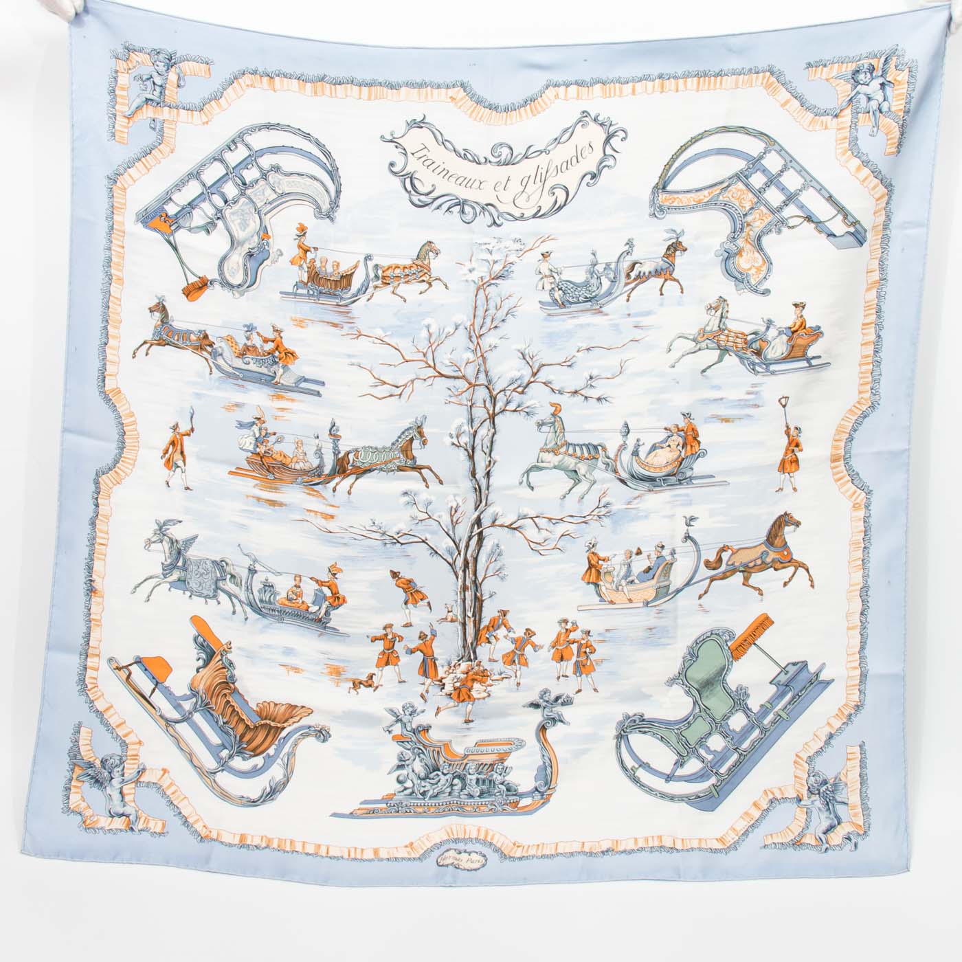 Hermès foulard en soie Carré 90 Traineaux Et Glissades bleu