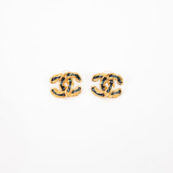 Boucles d'oreilles Chanel, logo Coco, plaqué or, bleues