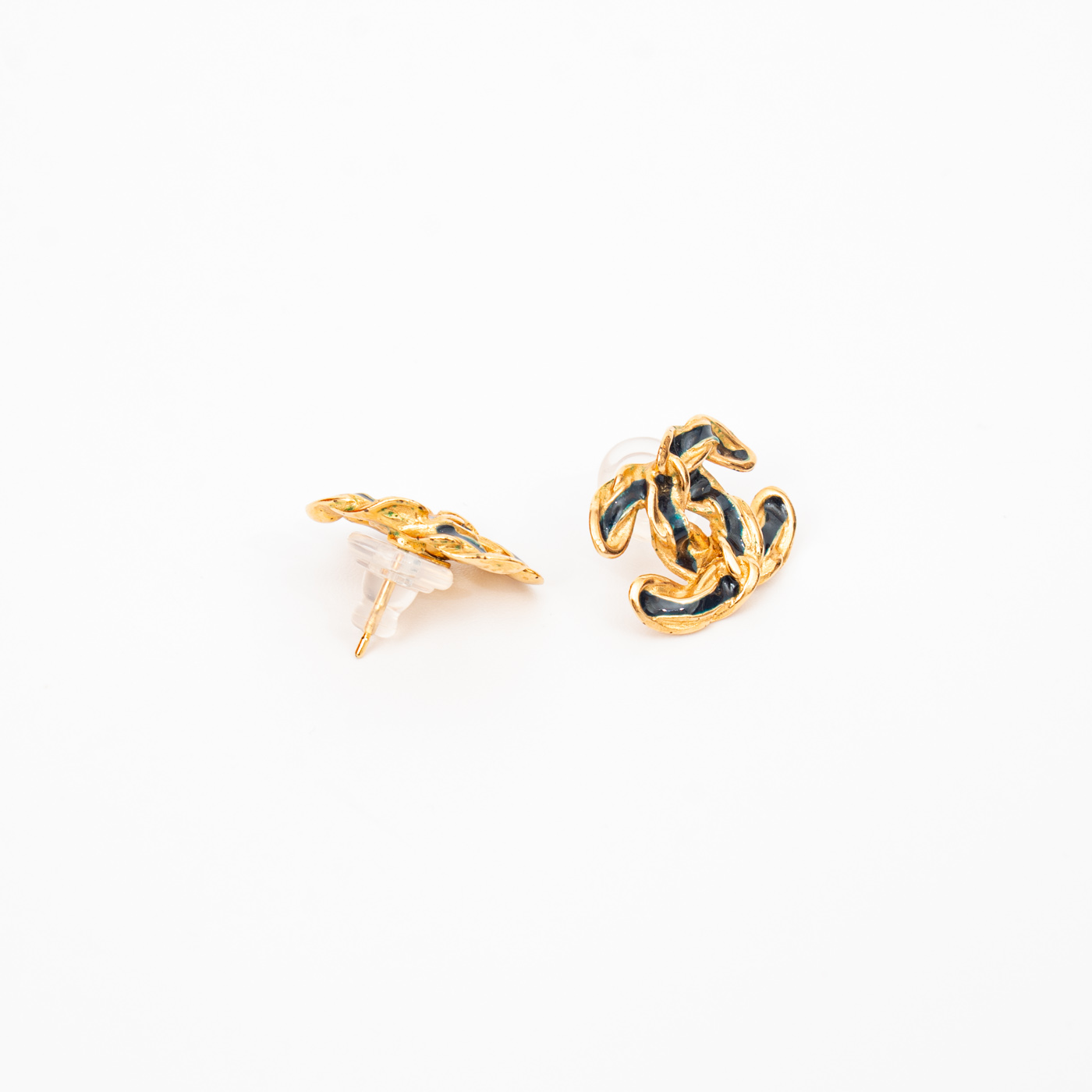 Boucles d'oreilles Chanel, logo Coco, plaquées or, bleues – Image 3