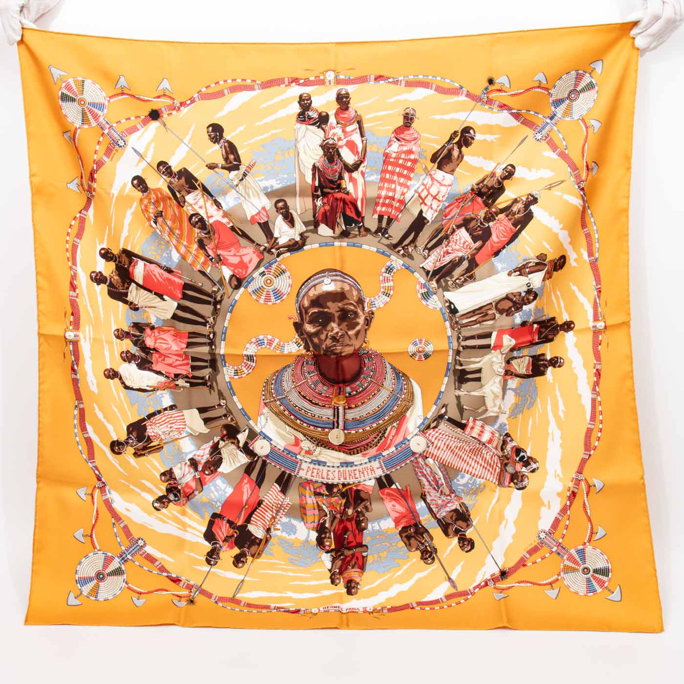 Hermès foulard en soie Carré 90 Perles Du Kenya Orange