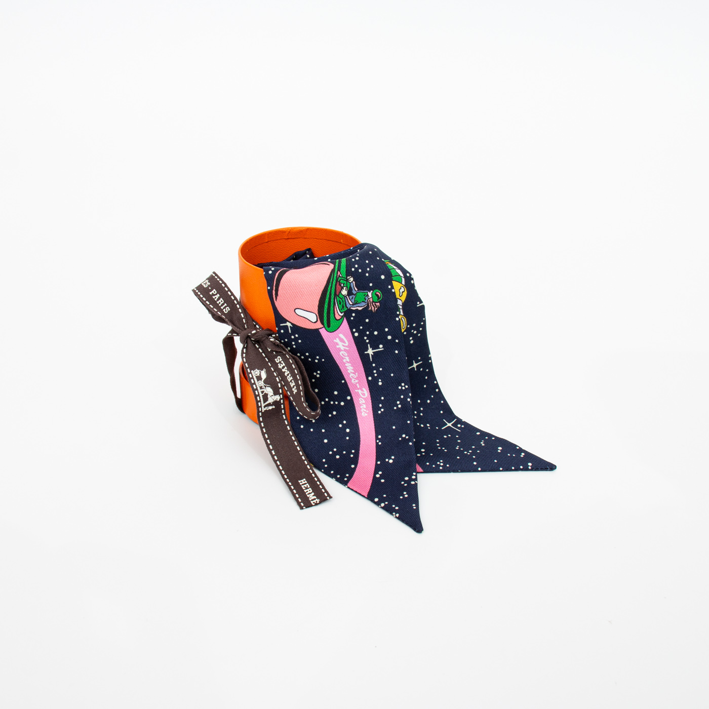 Pañuelo Hermès Twilly Space Derby de seda, rosa azul marino – Imagen 1
