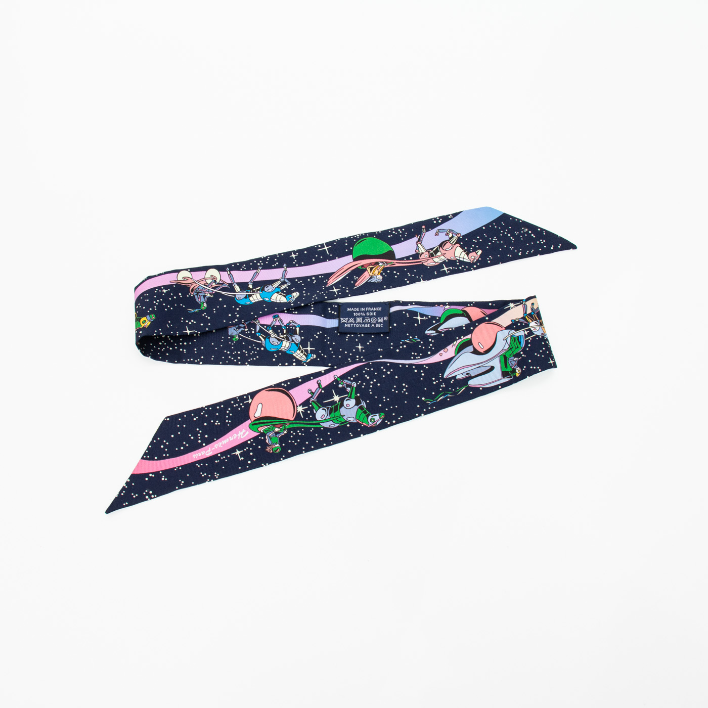 Pañuelo Hermès Twilly Space Derby de seda, rosa azul marino – Imagen 2