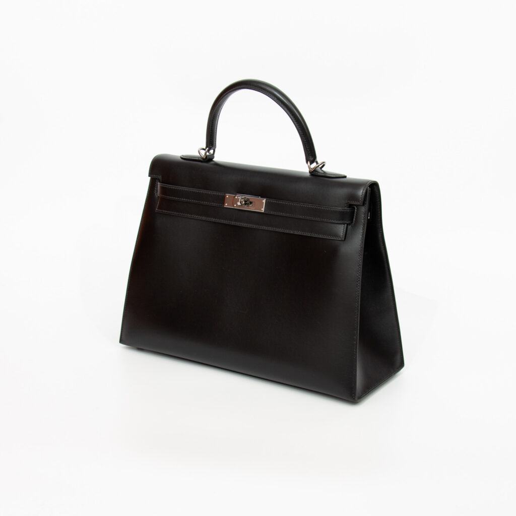 Bolso Hermès Kelly 35 Sellier de piel Boxcalf negra con herrajes de rutenio, año 2003