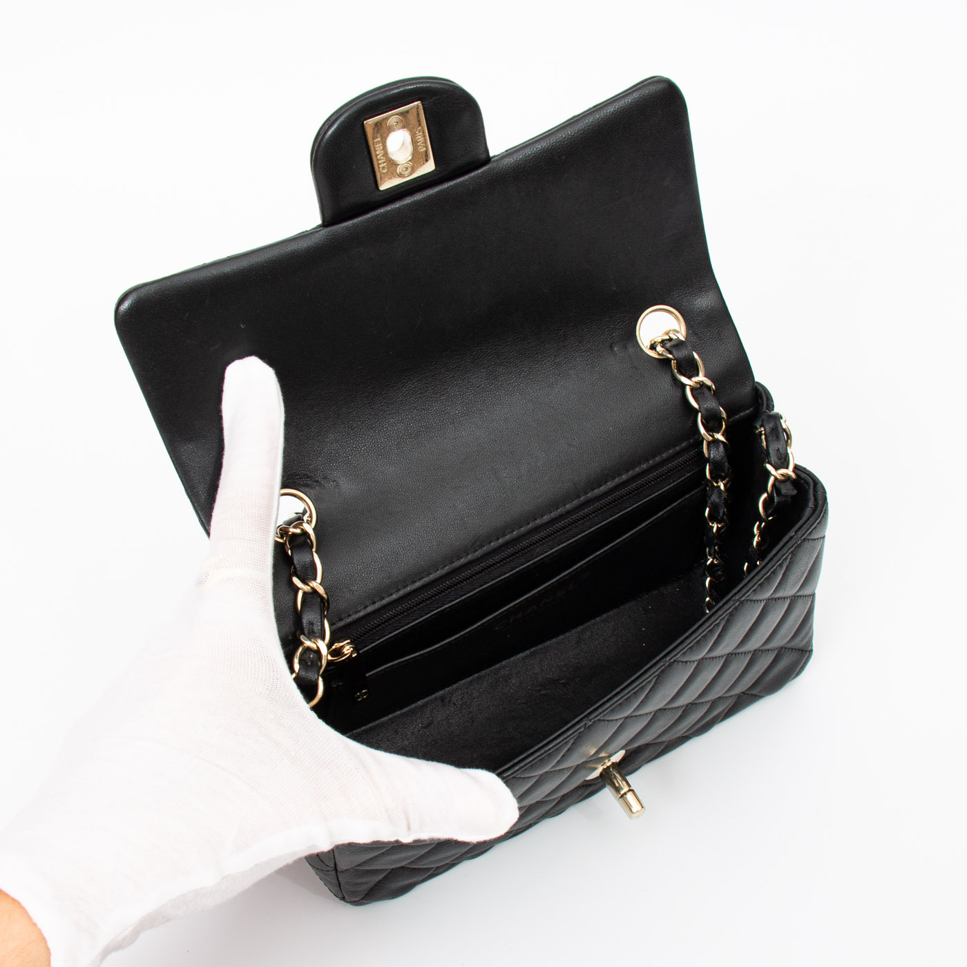 Chanel Mini Flap Rectangular Lambskin Schwarz Champagner Hardware – Bild 10
