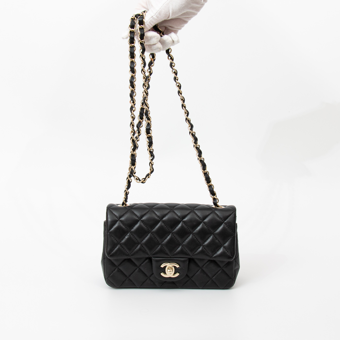 Chanel Mini Flap Rectangular Lambskin Schwarz Champagner Hardware – Bild 6